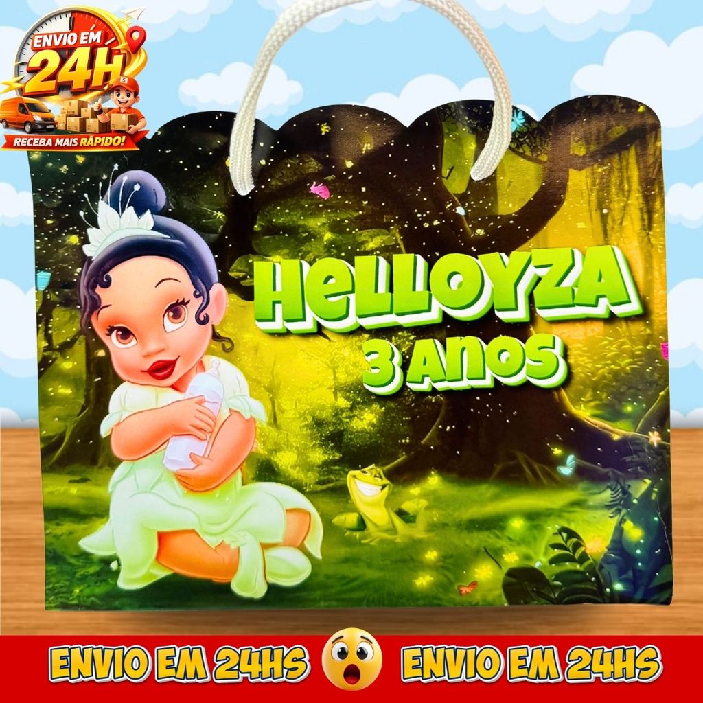 Sacolinhas Princesa Tiana Baby Personalizadas - Lembrancinhas Princesa e o Sapo cute  Premium com Nome e Idade