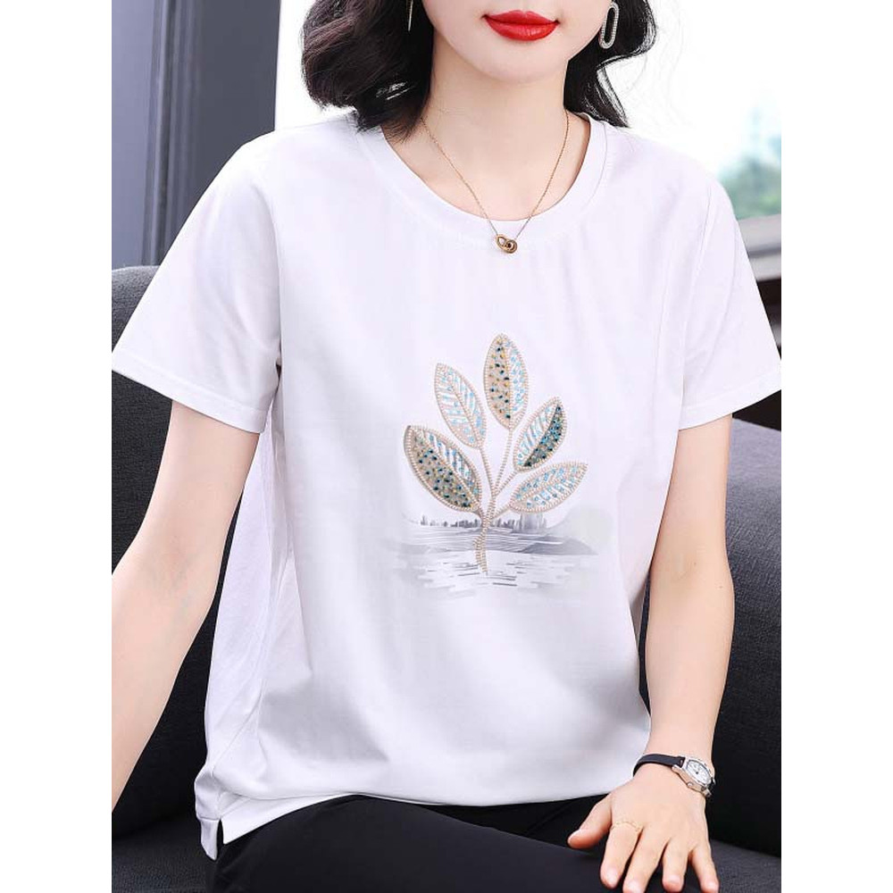 Camiseta feminina de manga curta de algodão puro solta 2026 novo estilo roupas femininas idosas de meia-idade roupas red
