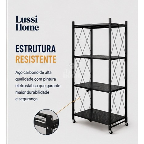 Estante Organizadora Multiuso Rodas Prateleiras Dobráveis Metal Cozinha Lavanderia Escritório Preta