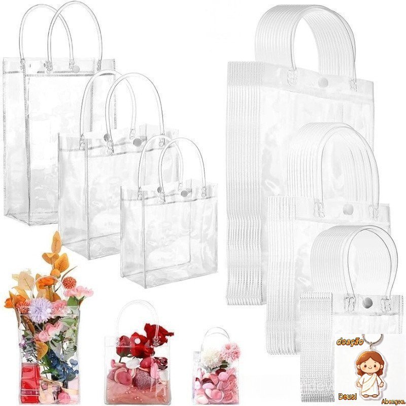10 Sacolas de Presente de Plástico PVC Transparente Reutilizáveis com Alças Transparentes para o Dia dos Namorados