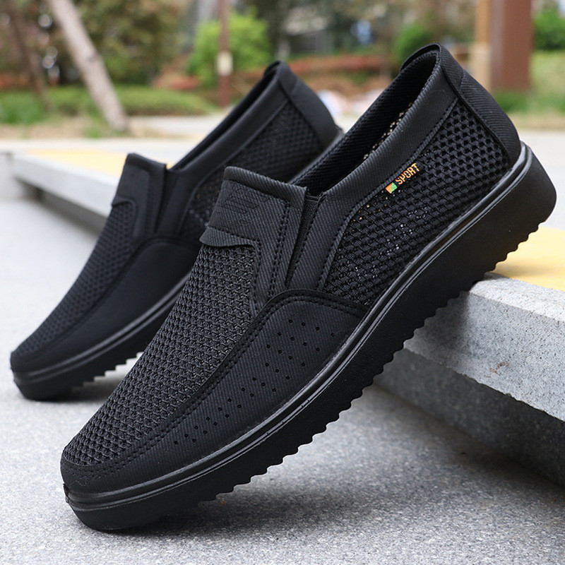 Velho pequim sapatos de pano masculino respirável malha sapatos verão meia-idade idosos pai sapatos malha casuai