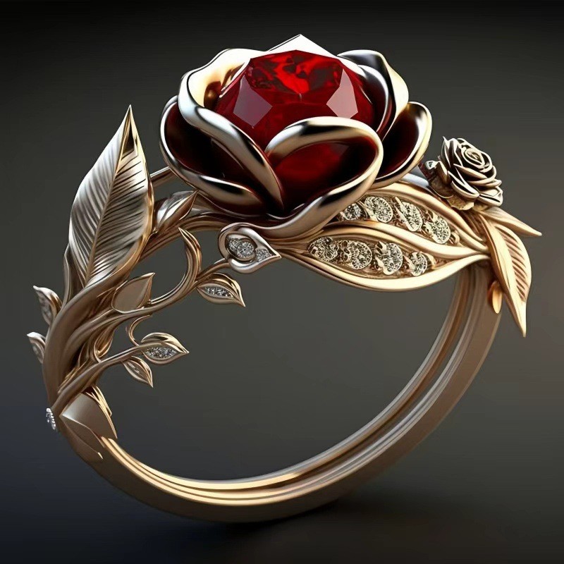 Anel de rubi mais vendido, anel feminino banhado a ouro com diamantes incrustados, anel de noivado de diamante vermelho 