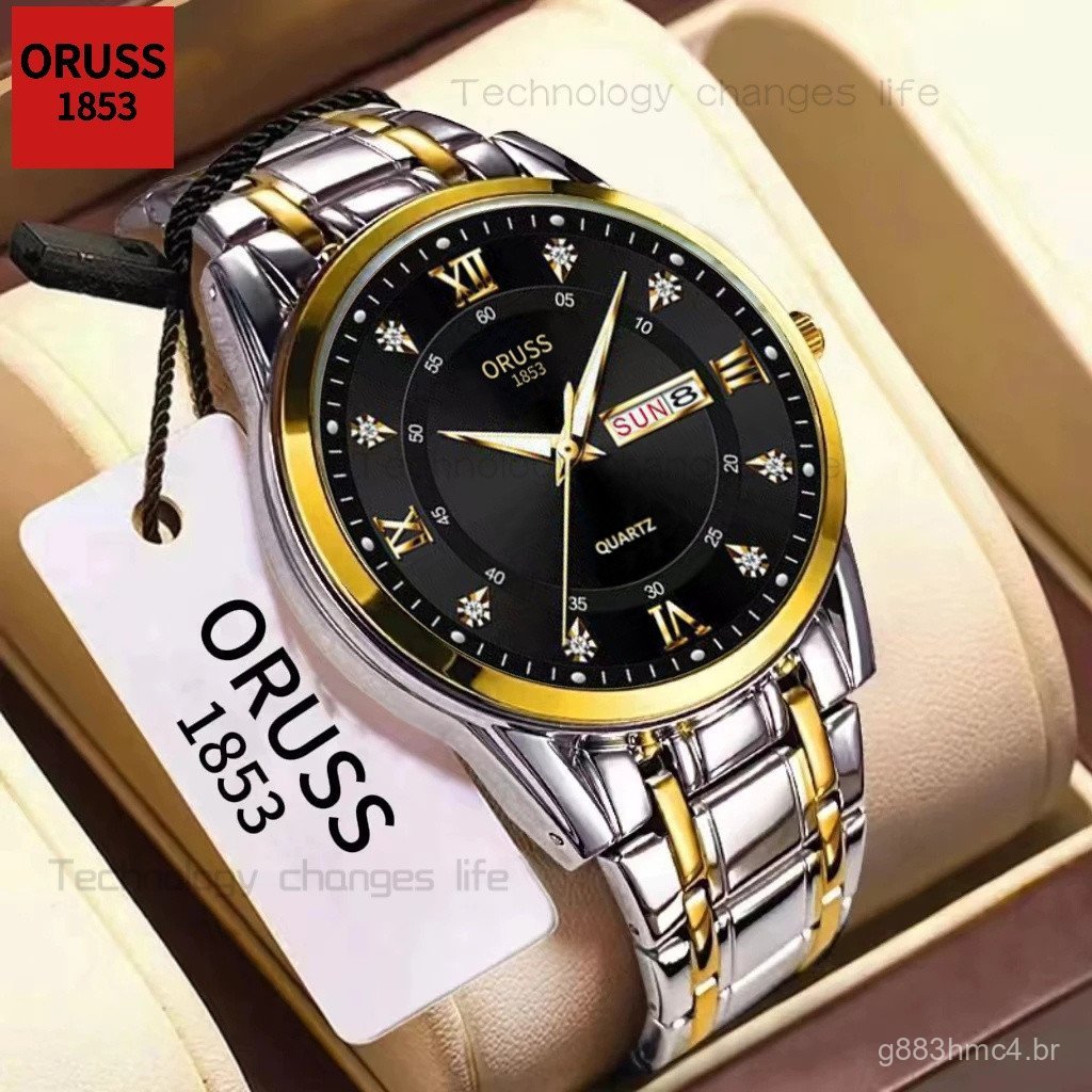 Relógio de Pulso Masculino ORUSS Original de Luxo, em Aço Inoxidável, com Duplo Calendário, Luminoso, à Prova d'Água, Es
