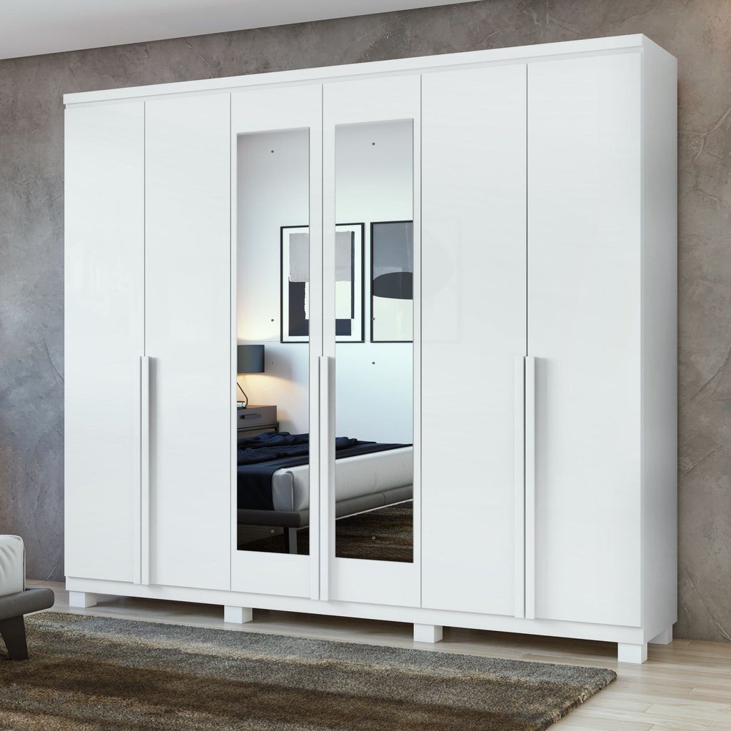 Guarda-Roupa Casal 6 Portas 4 Gavetas com Espelho e Pés MDF 230cm Alonzo Branco Branco