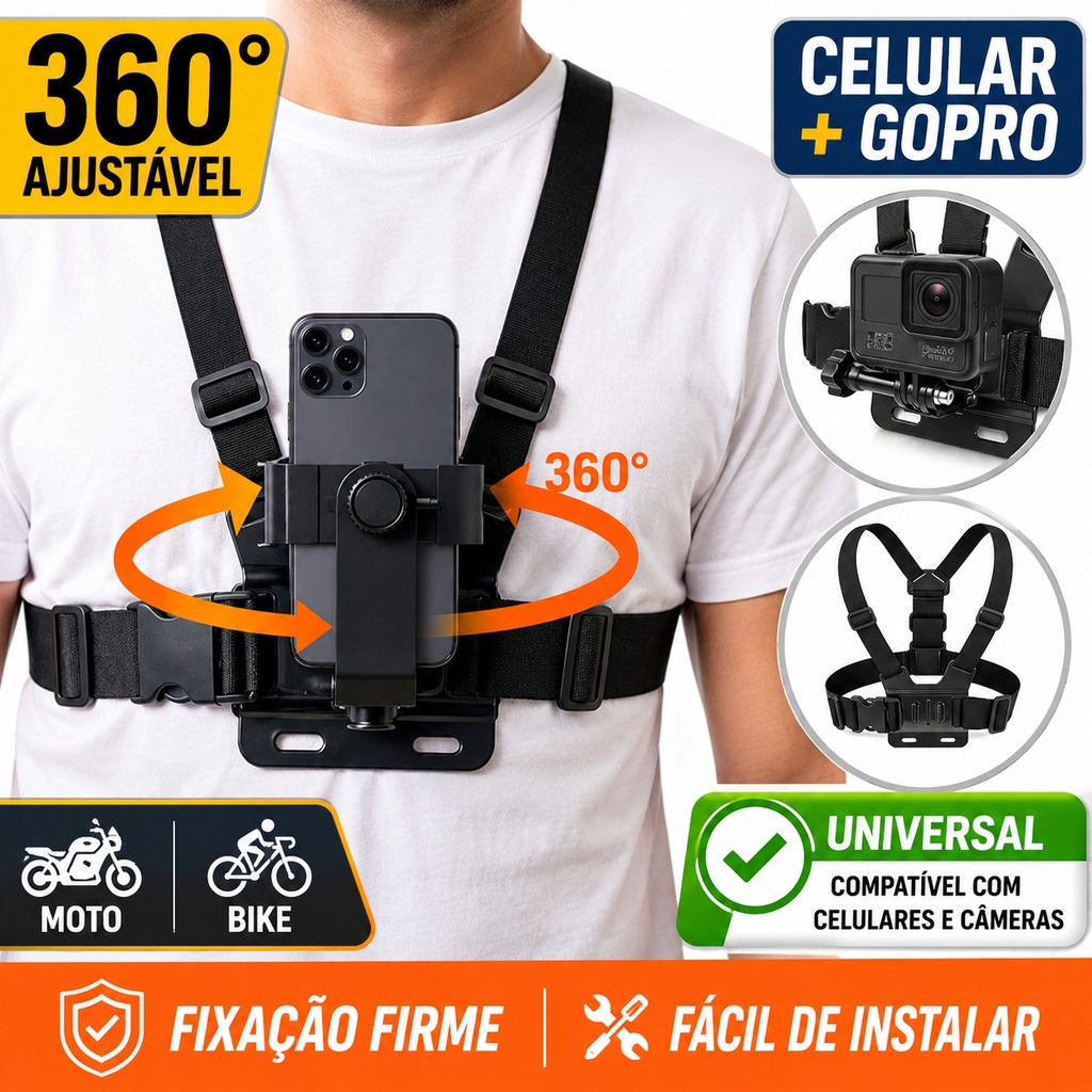 Suporte Peitoral Ajustável Para Celular GoPro Moto Bicicleta Motoboy Câmera de Ação Universal POV