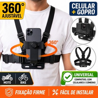 Suporte Peitoral Ajustável Para Celular GoPro Moto Bicicleta Motoboy Câmera de Ação Unive…
