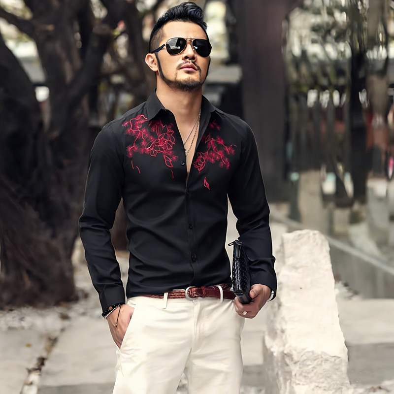 2026 roupas masculinas bordado Floral tamanho grande camisa de manga comprida ta