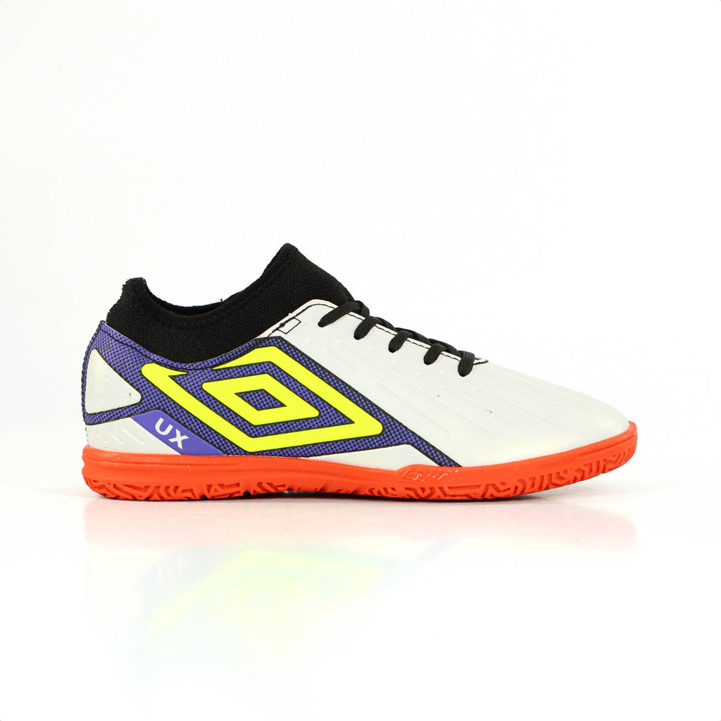 Chuteira Umbro Futsal Ux Jr Branco Roxo e Coral - Juvenil