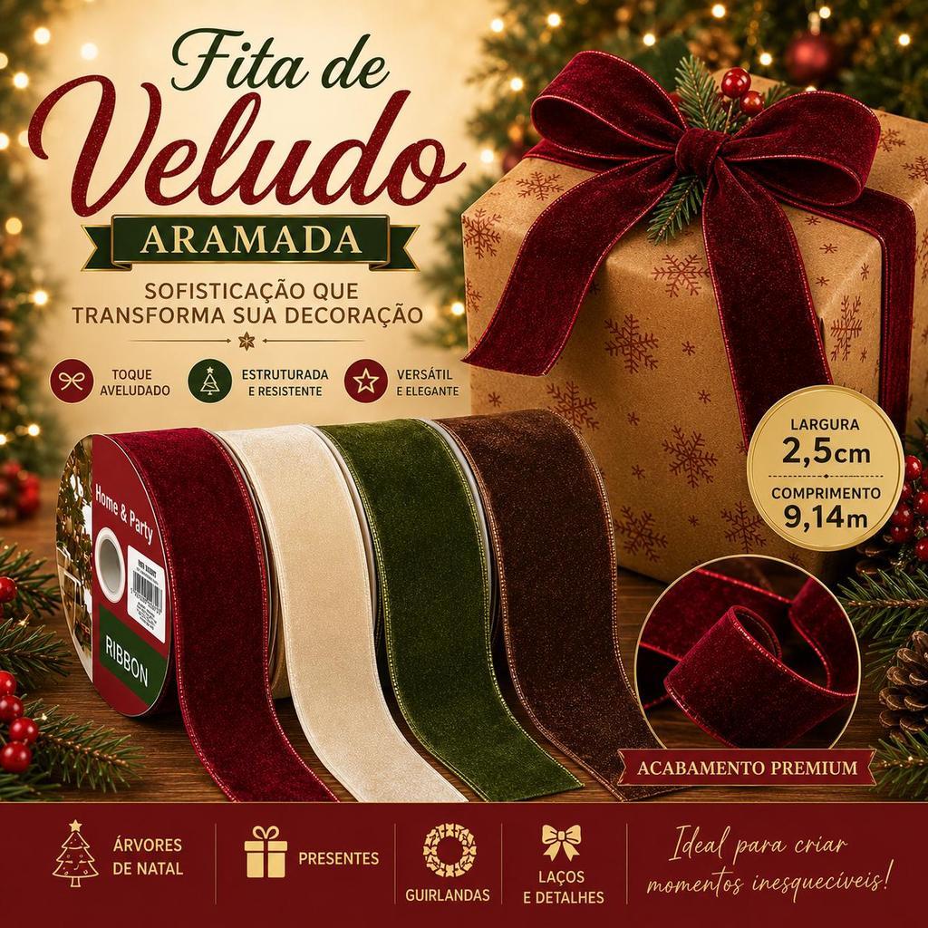 Fita Veludo Decorativa 2,5cm Decoração e Artesanato
