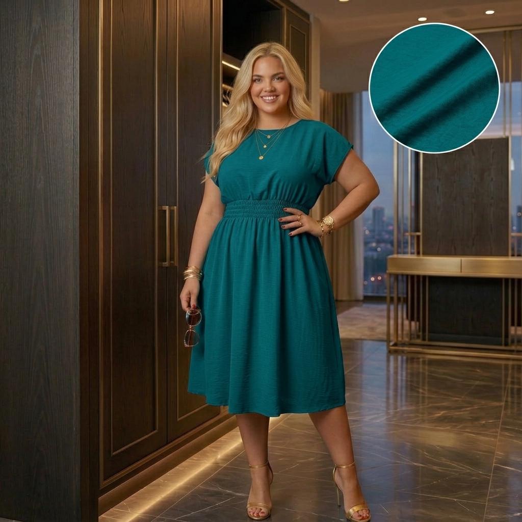 Vestido Soltinho Plu Size Duna G1 (44 ao 50) Lastex na Cintura | Midi maga japonesa Moda Feminina Evangélica — imagem 2 de 2