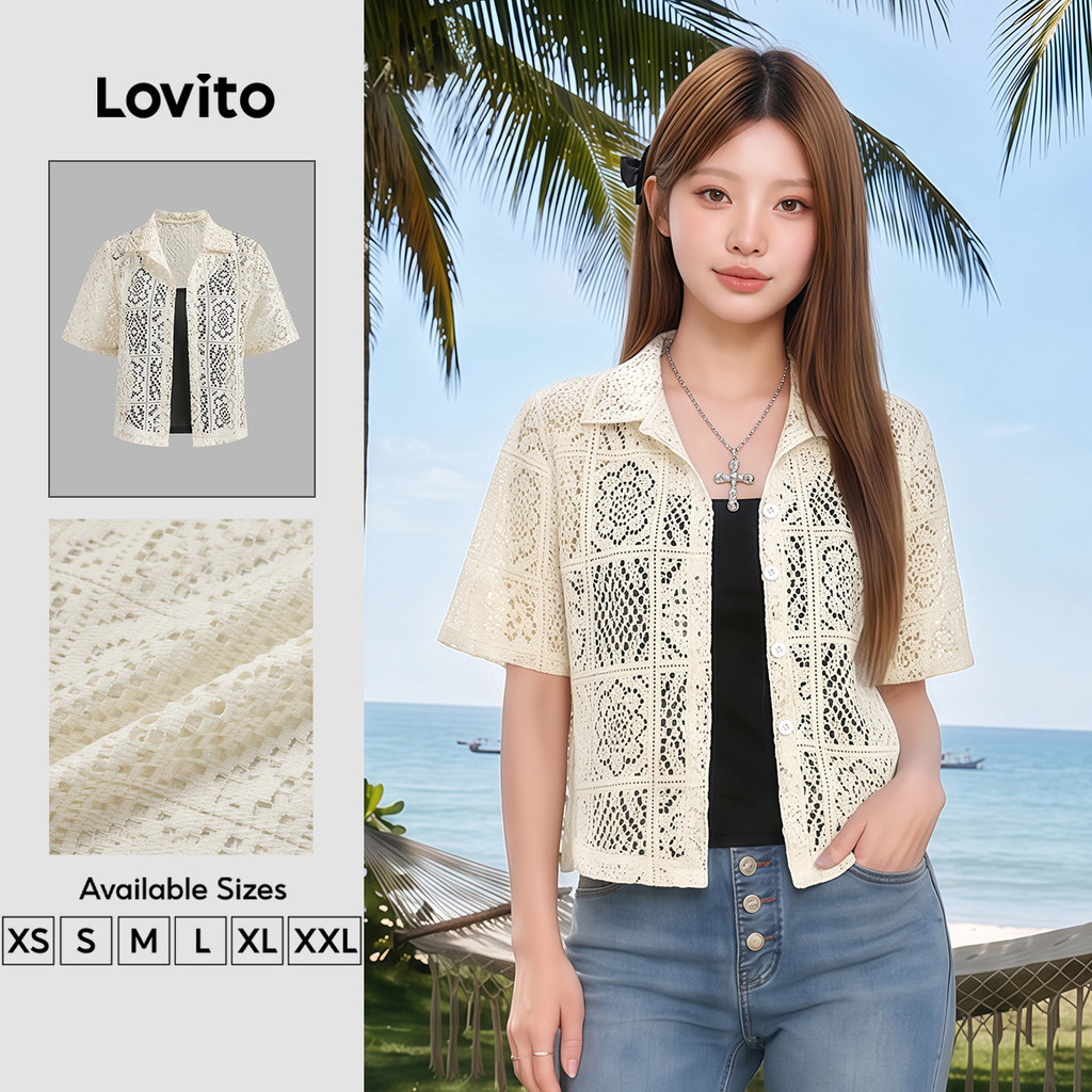Lovito Verão Férias Blusa De Renda Com Bolso Liso Para Mulheres Bordado L125AD295