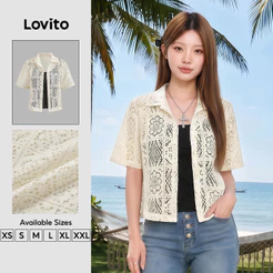 Lovito Verão Férias Blusa De Renda Com Bolso Liso Para Mulheres Bordado L125AD295