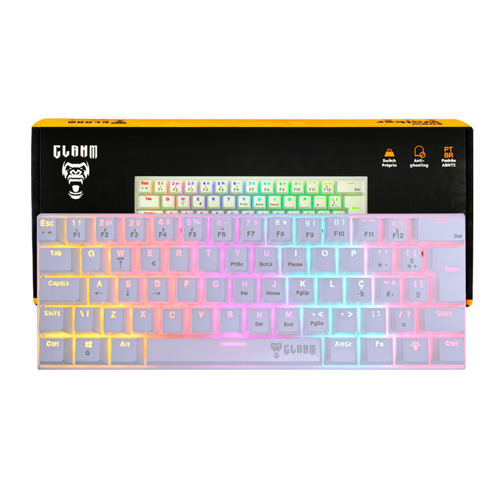 Teclado Gamer Mecânico CLANM Snow Walker 60% Branco ABNT2 RGB Hot Swap Switch Red Anti-Ghosting USB