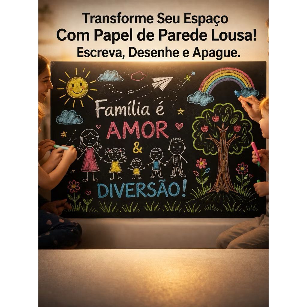 Lousa Adesiva 2m x 45cm Papel de Parede Quadro Negro Decorativo Fosco Acompanha Giz Colorido Check List Escrever