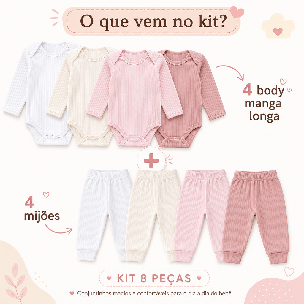 Kit 8 Peças Conjuntos Canelado Body Manga Longa e calça (mijão) Bebê Infantil Menino Menina 100% Algodão Unissex Enxoval