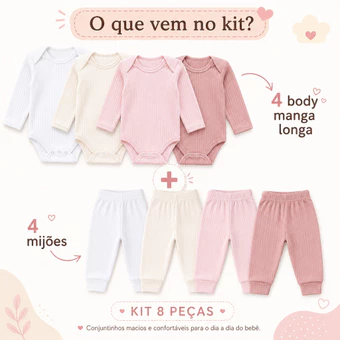 Kit 8 Peças Conjuntos Canelado Body Manga Longa e calça (mijão) Bebê Infantil Menino Menina 100% Algodão Unissex Enxoval