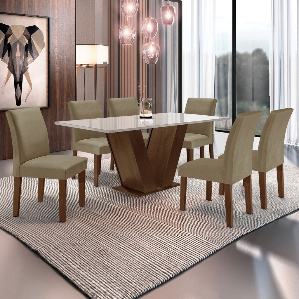 Conjunto Sala de Jantar Mesa 6 Cadeiras Tampo de Vidro Espanha Yescasa Marrom Chocolate/Off White/Bege Chocolate/Off