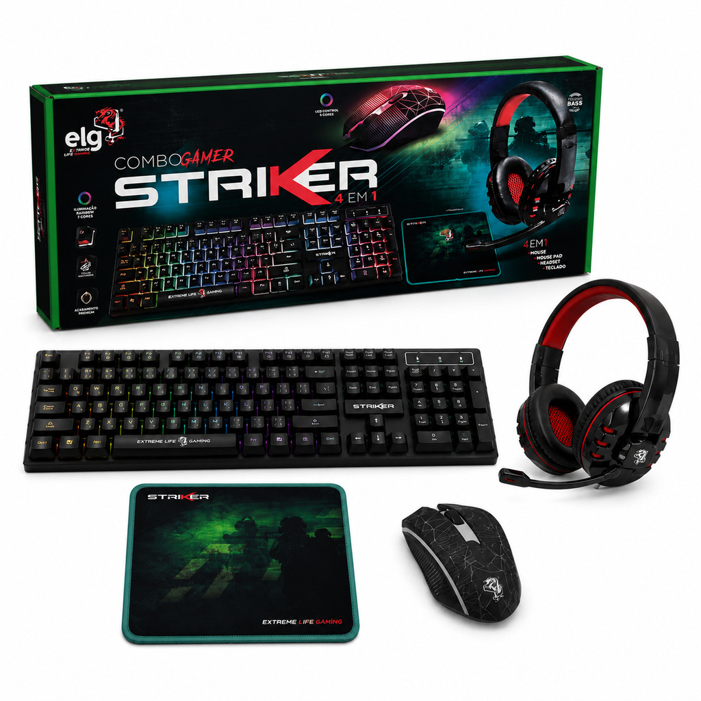 Kit Gamer ELG Striker 4 Em 1 Teclado Gamer ABNT2 Mouse Gamer 2400 DPI Headset Gamer Mousepad Speed USB PC Notebook