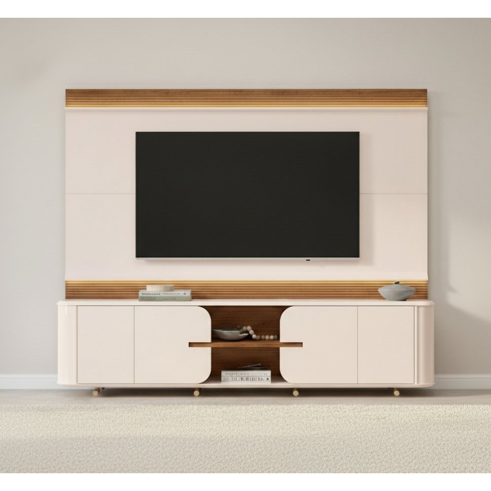 Estante para TV e Home Theater Ripado para TV até 75 Polegadas com LED 100% MDF 240CMX200CM LED Lord Off White/Freijó