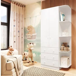 Guarda Roupa Infantil 2 Portas 3 Gavetas e Prateleira Externa 100% MDF Smim Branco/Brilho Branco Brilho