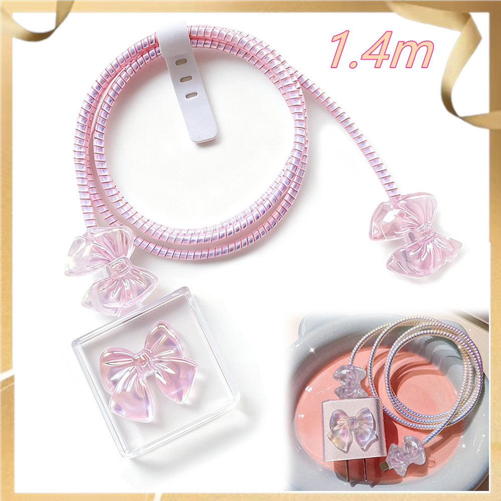 para capas de carregador USB-C de 18W/20W para iPhone, capinha fofinha de laço 3D rosa, protetor de cabo do carregador