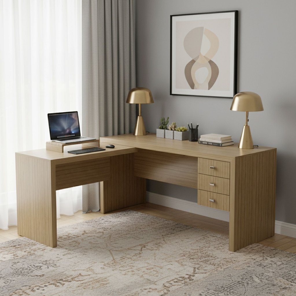 Escrivaninha Mesa Escritório em L com ME4106 3 Gavetas 154,8cm Marrom Amêndoa