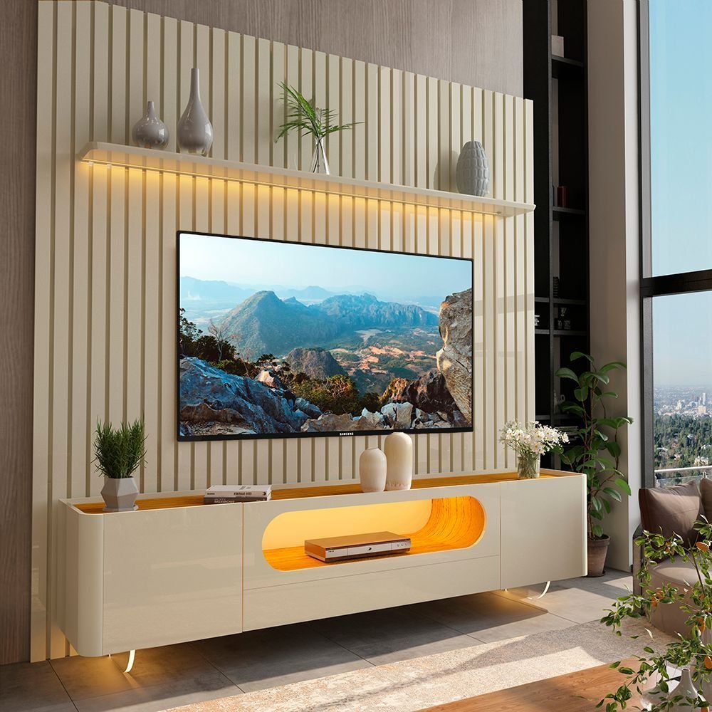 Rack com Painel Ripado para TV até 90 Polegadas 100% MDF 228,8CMX310CM 1 Gaveta 2 Portas Nobre Branco Off