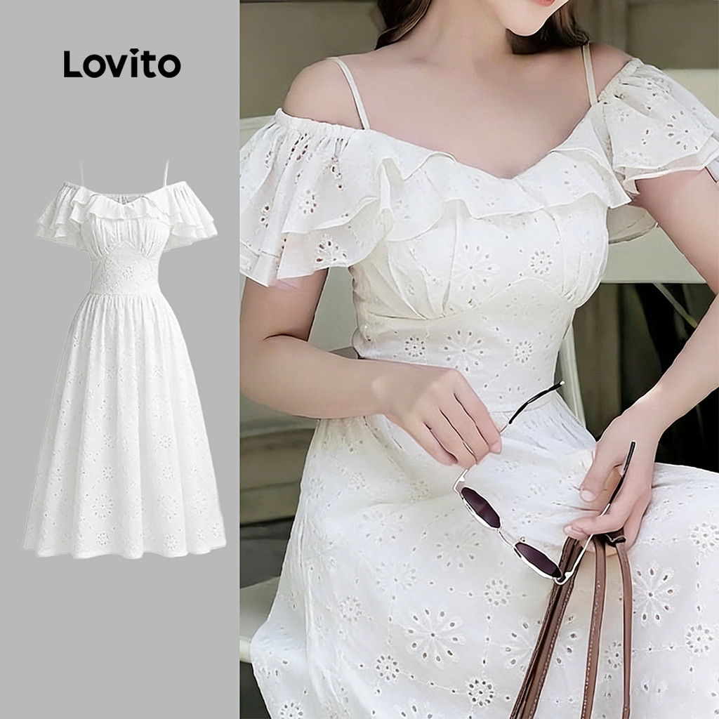 Lovito Vestido Midi Branco De Primavera/verão Com Ombros À Mostra Babados Em Cam