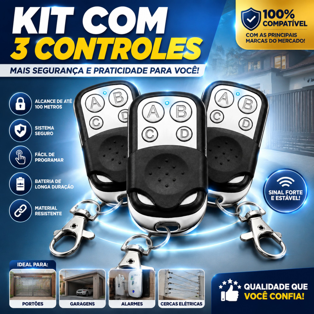 Kit 3 Controles Remoto Compatível 433Mhz Portão Electrónico Garagem 4 Botões Residencial