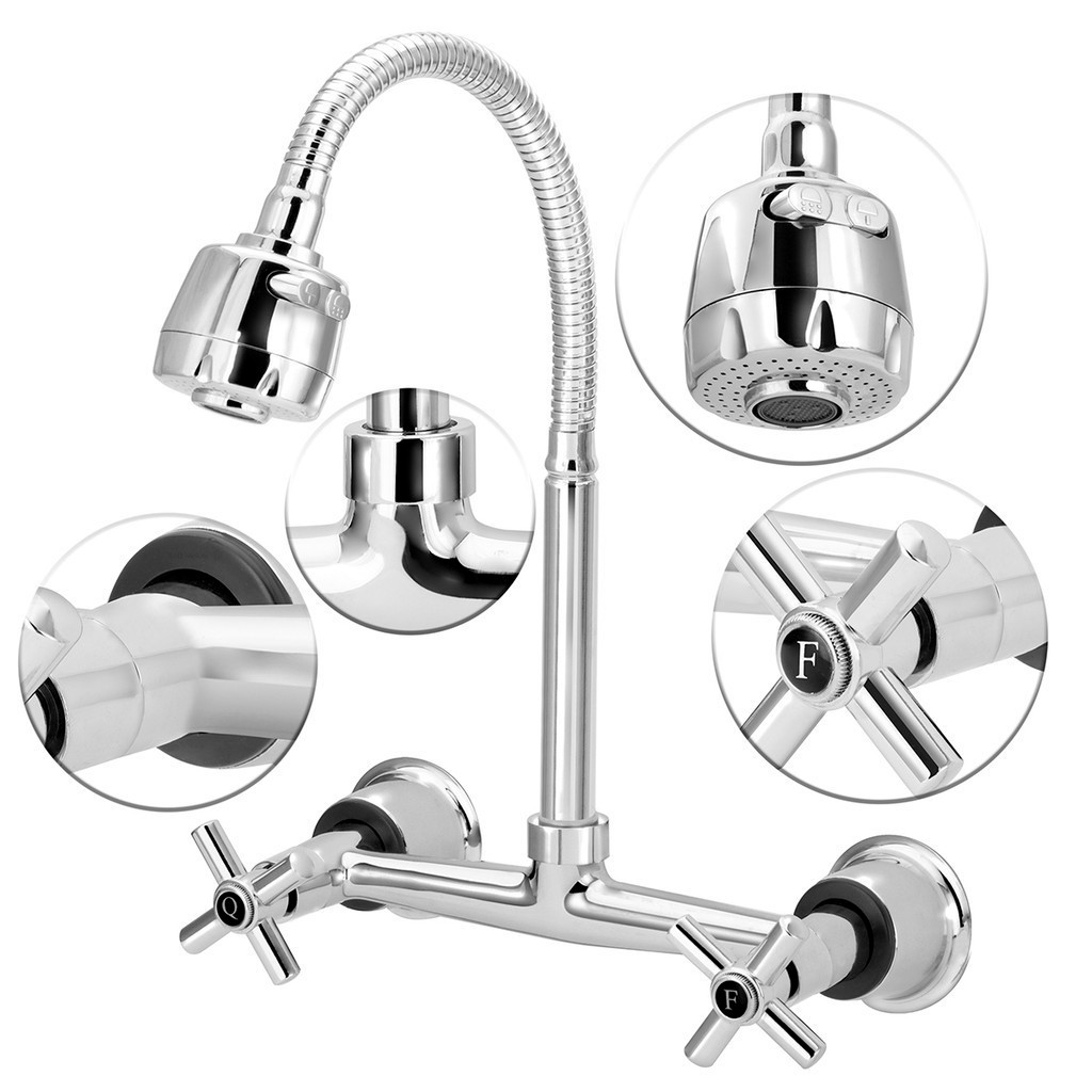 Torneira Misturador Cozinha Parede Gourmet Flexível Cromada Água Quente Fria 1/4 Volta Duplo Jato