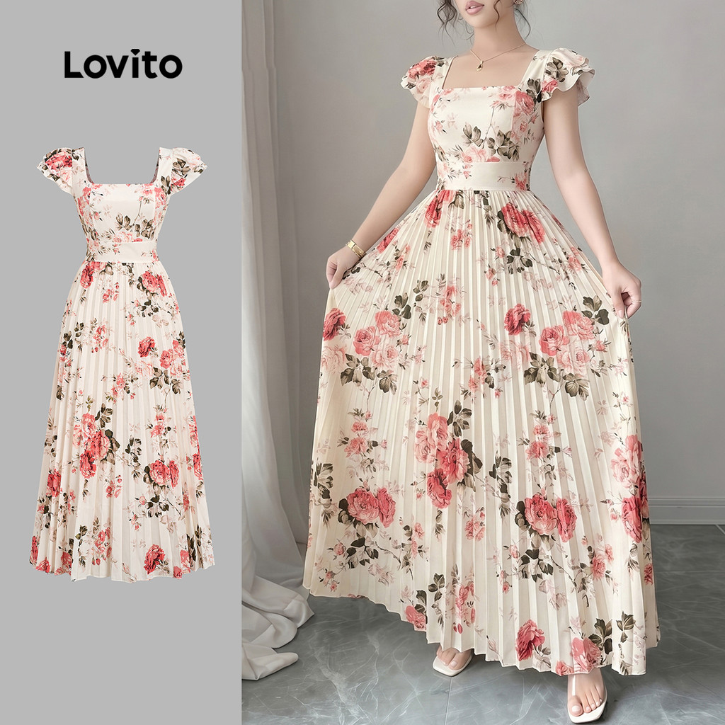 (Casual)Lovito Vestido Longo Casual Floral Com Mangas Curtas E Babados Decote Qu