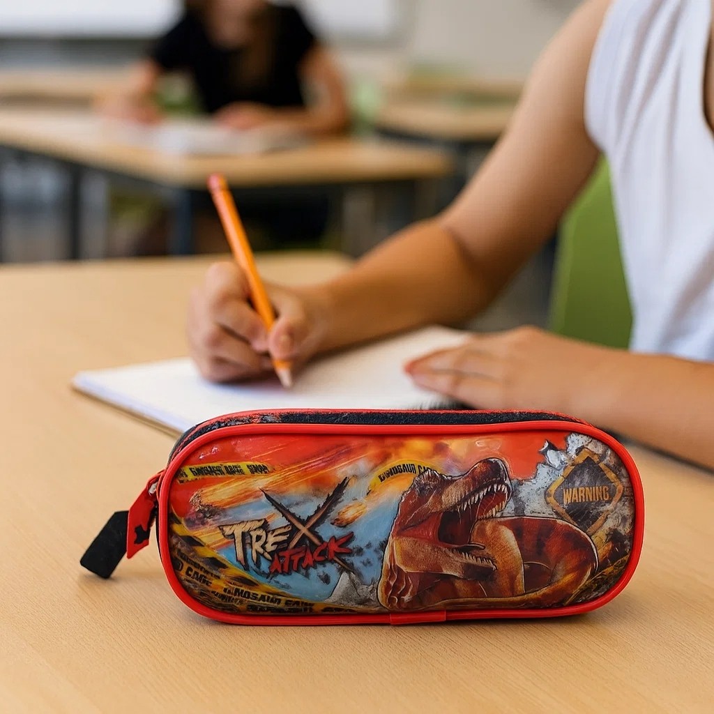 Estojo Escolar T Rex Attack Preto Vermelho Porta Caneta Lapis Borracha Corretivo Apontador