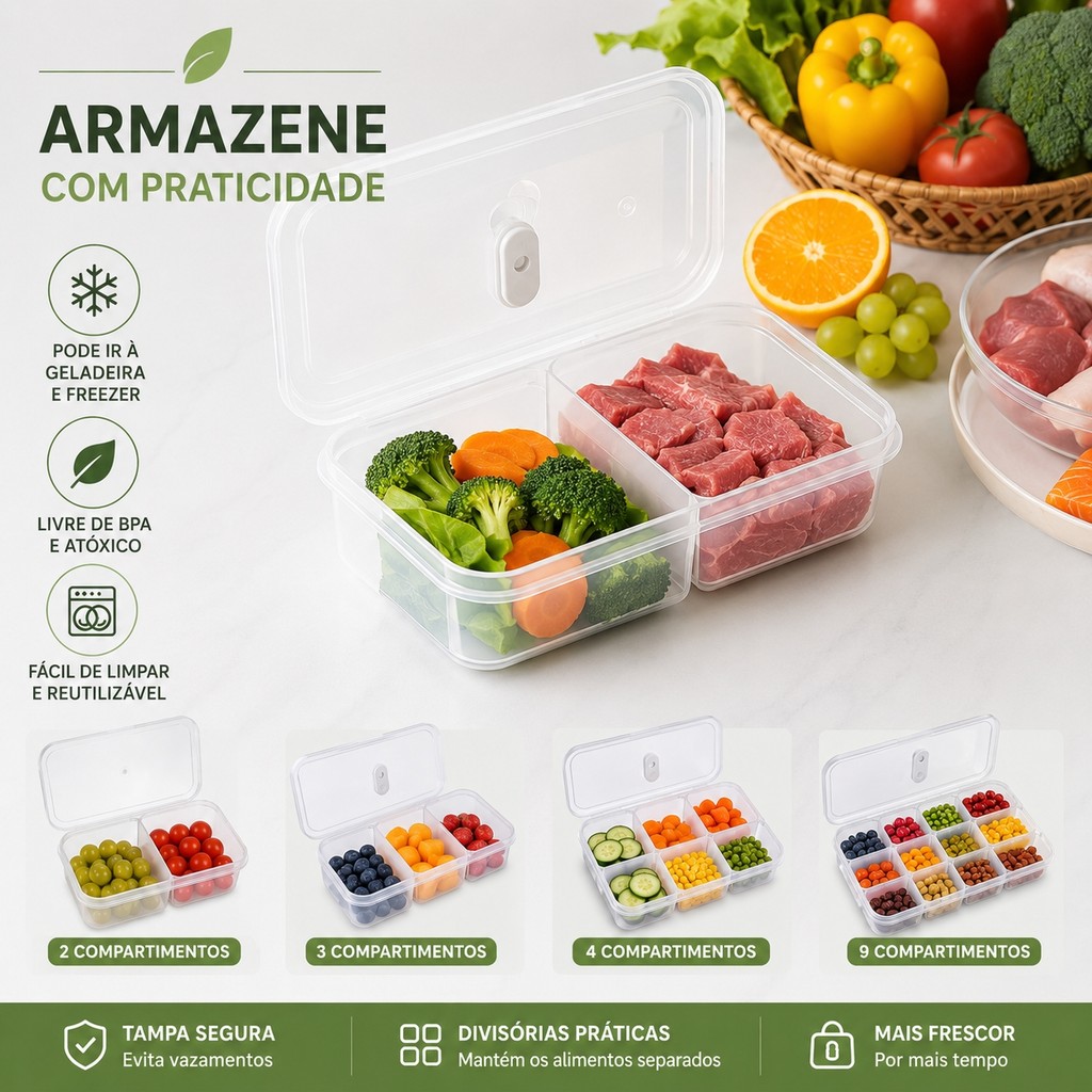 Organizador de Geladeira com Tampa | Pote Multiuso com Divisórias | Empilhável para Frutas, Legumes e Carnes
