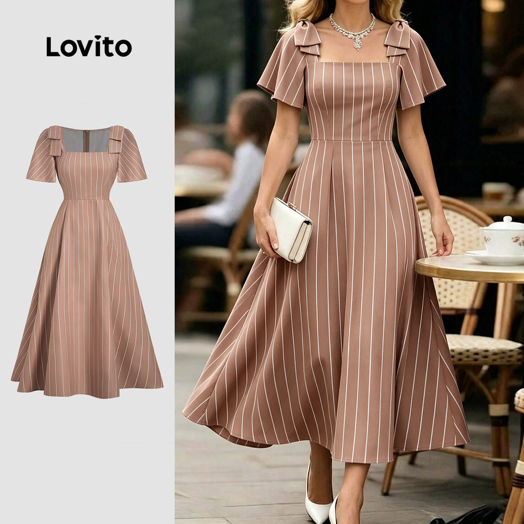 (New Arrival) Lovito Listrado Vestido Elegante Zíper Vestido Marrom Primavera/ve