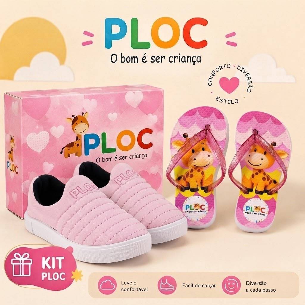 Kit 2 Pares: Tênis Iate + Chinelo Infantil Ploc Menina Estampado