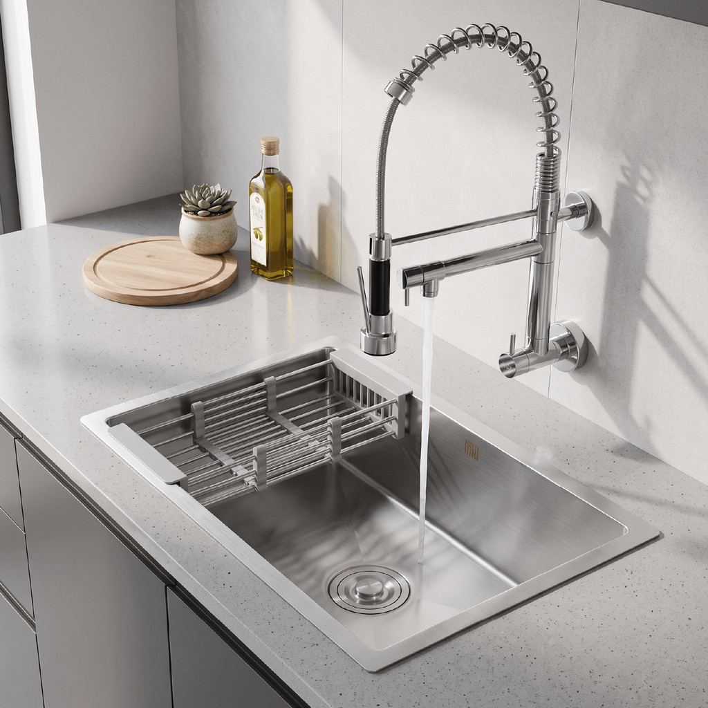 Kit Cuba Inox 304 Gourmet Bancada Cozinha Torneira Parede Monocomando Spray Extensor Flexível Escorredor Retrátil