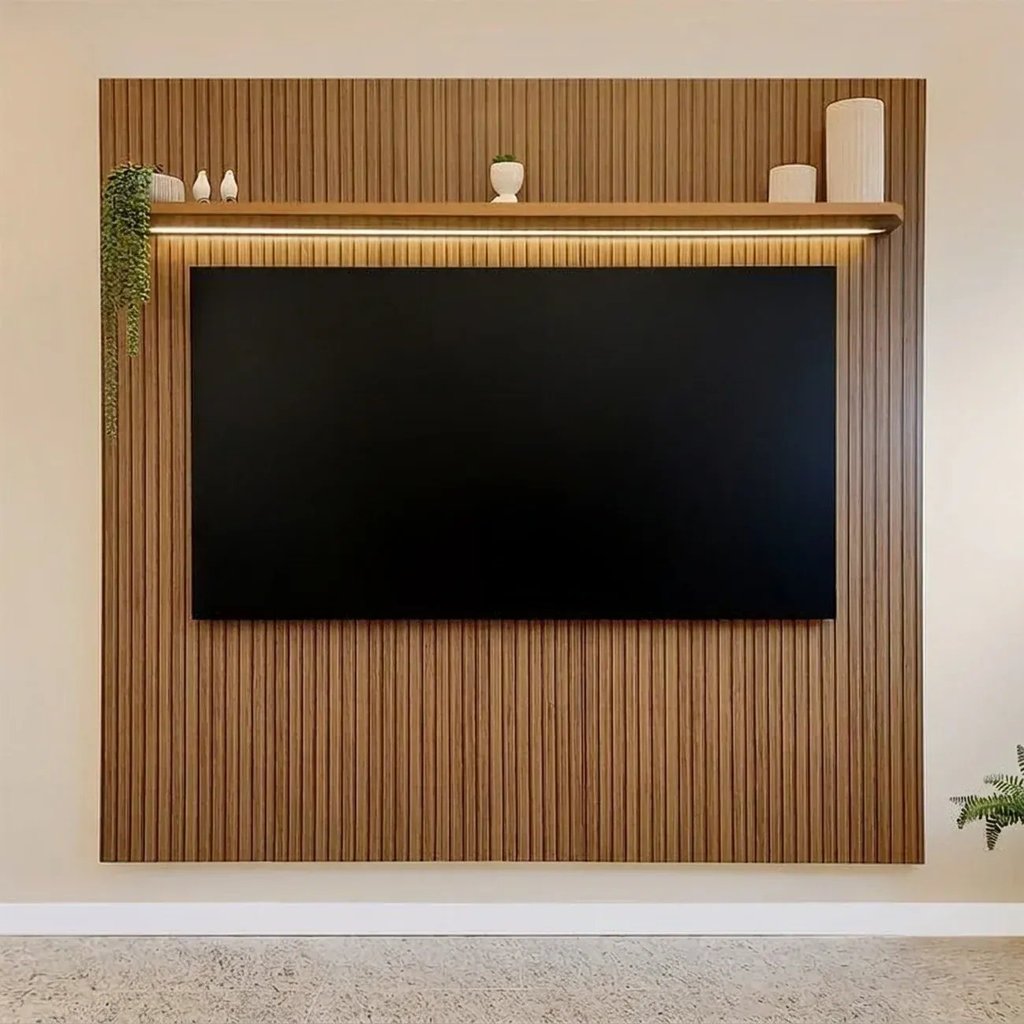 Painel para TV até 75 Polegadas Efeito Ripado 3D com LED 183x185,5 cm Liverpool Yescasa Marrom Pinho Ripado