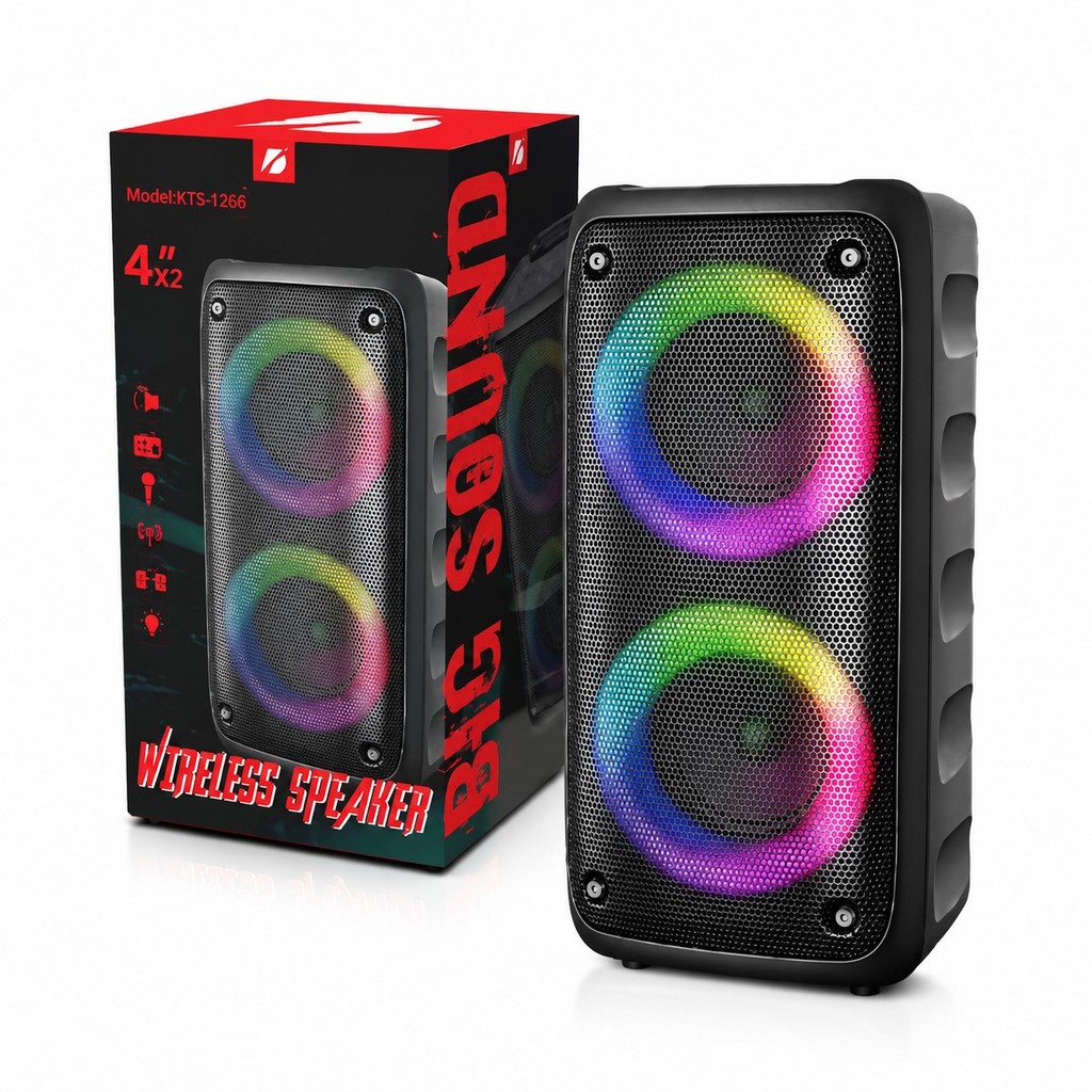 Caixa de Som Bluetooth KTS-1266 RGB 20W Duplo Alto-Falante 4" USB TF AUX Bateria Recarregável Portátil
