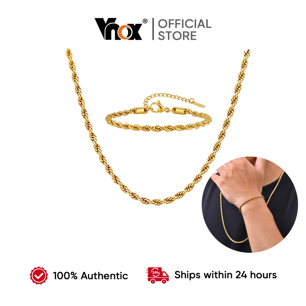 Vnox Conjunto De Joias Com Corrente De Corda Dourada , Colar E Pulseira , Torcida De Aço Inoxidável , Moda Masculina Fem