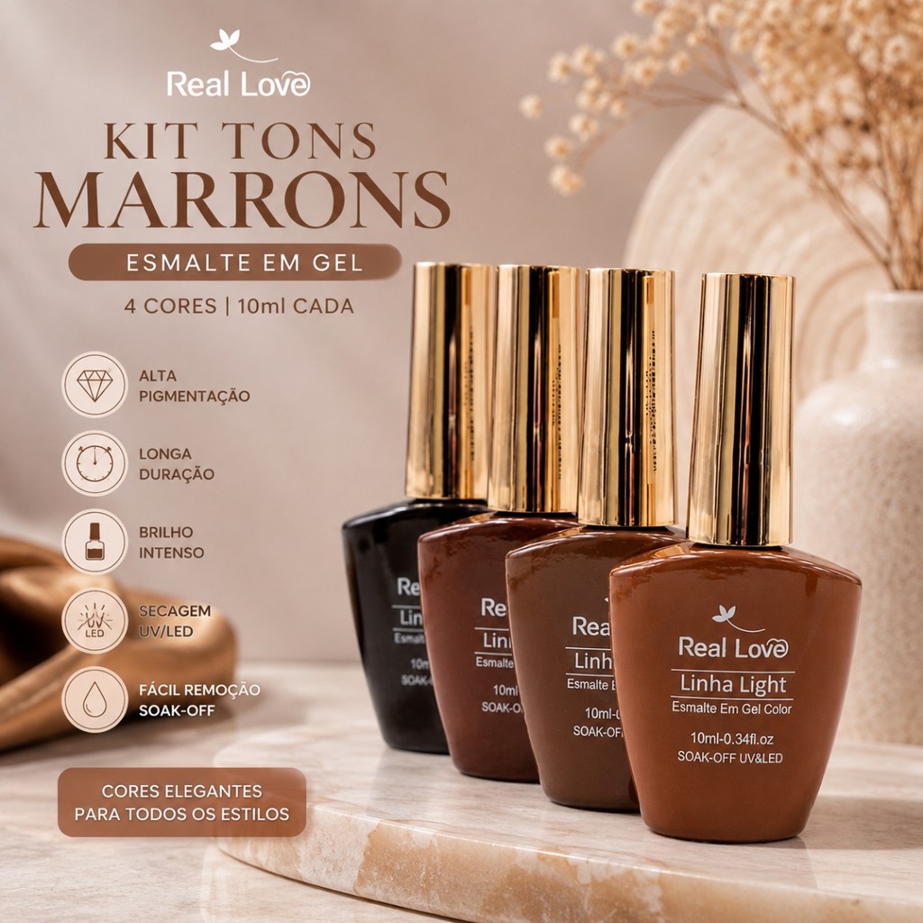 Kit 4 Esmaltes em Gel Real Love Tons de Marrom 10ml