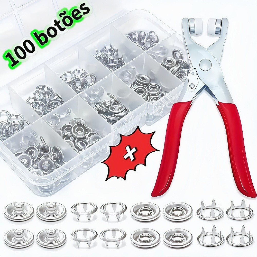 Alicate Aplicador Com 100 Botões De Metal De Pressao Para Roupa