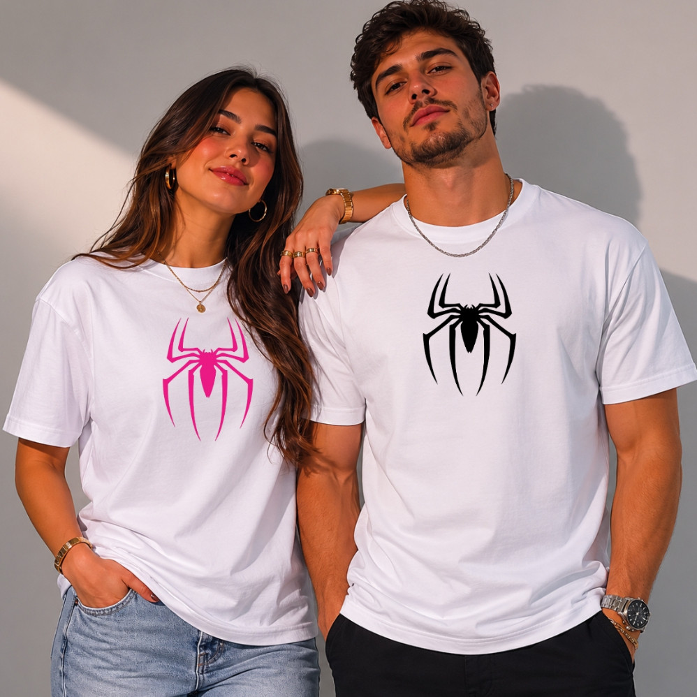 Kit 2 Camisetas Casal Aranha Namorados 100% Algodão Masculino Feminino