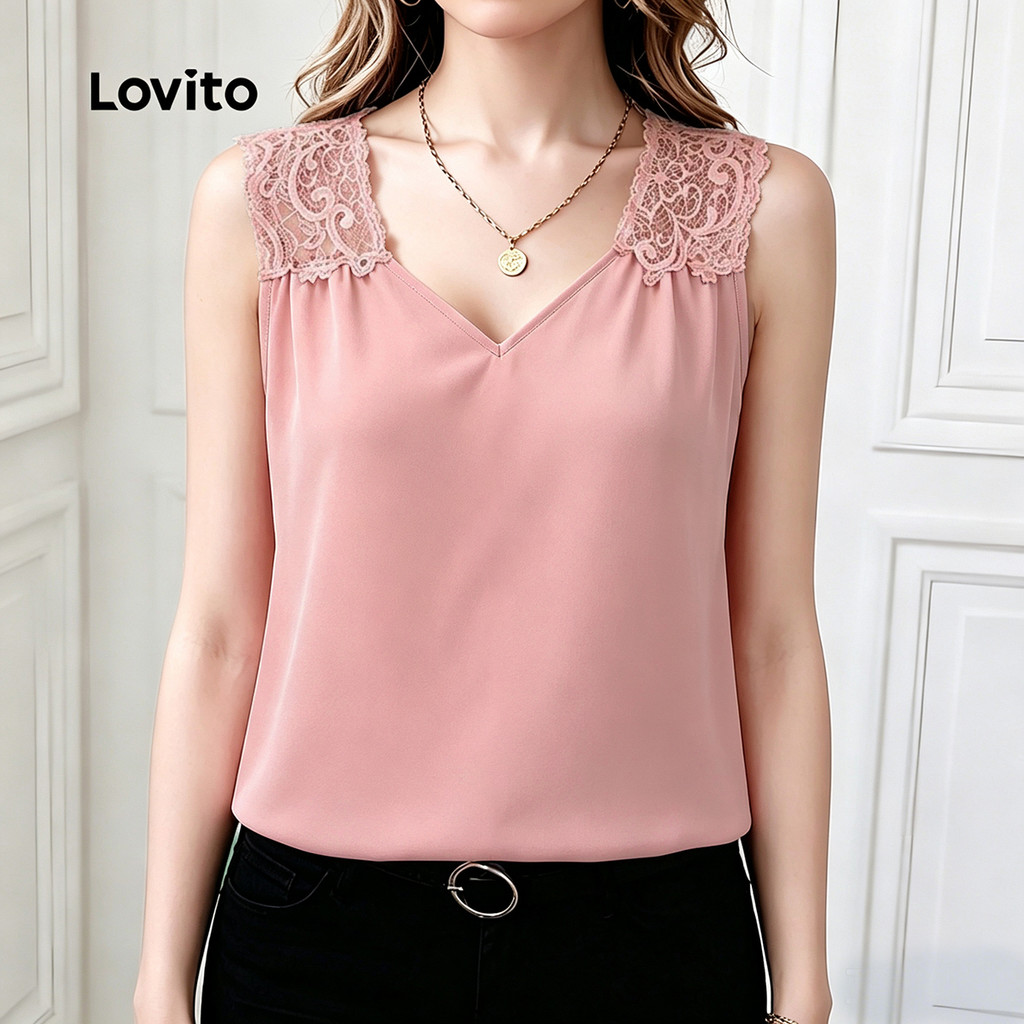 Lovito Top Casual Rosa Plissado de Renda para Mulheres primavera/verão Bordado TKK8P1D678 · foto 2