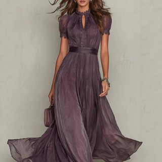 Vestido longo roxo com cintura marcada e detalhes em renda, estilo europeu e americano, elegante e estiloso, da nova col