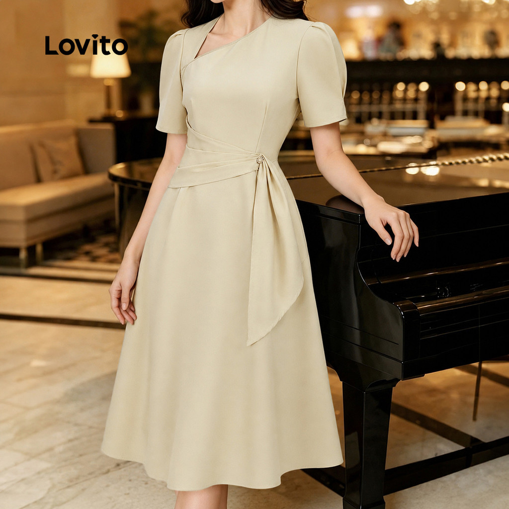 Lovito Vestido Elegante De Lazer Simples Assimétrico De Damasco Feminino DRK8P2D365 · foto 2