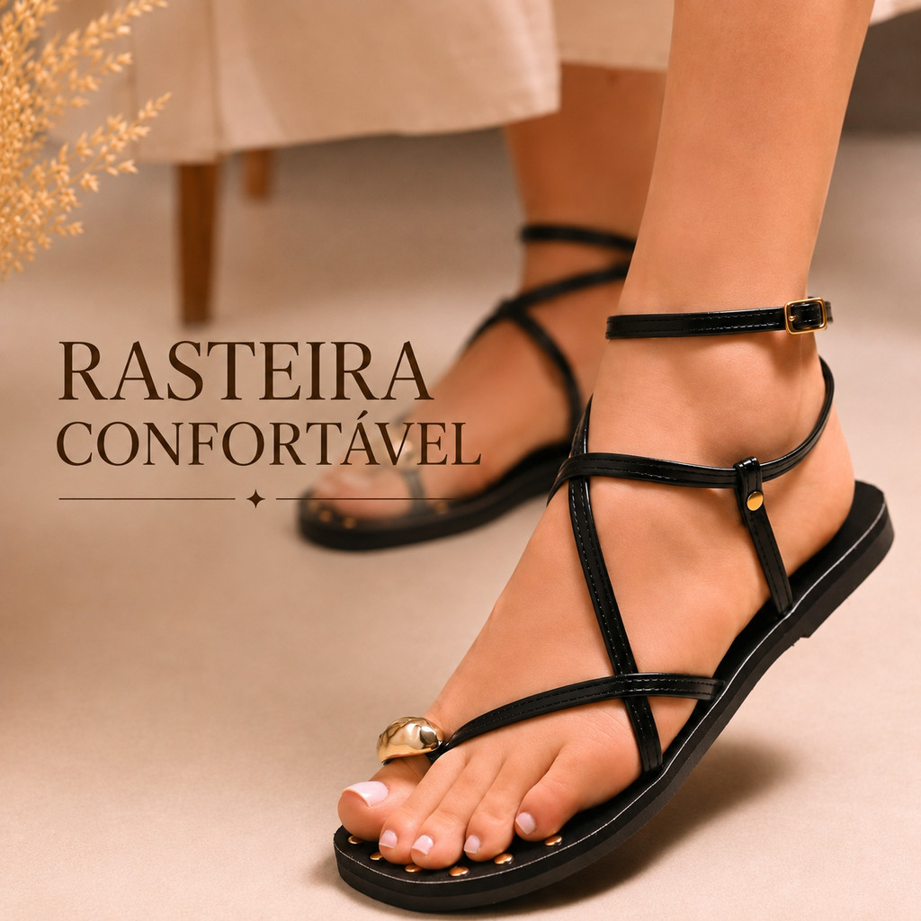 Sandália Feminina Rasteirinha Rasteira com Fivela e Detalhe Metal Dourado Preta Caramelo Off