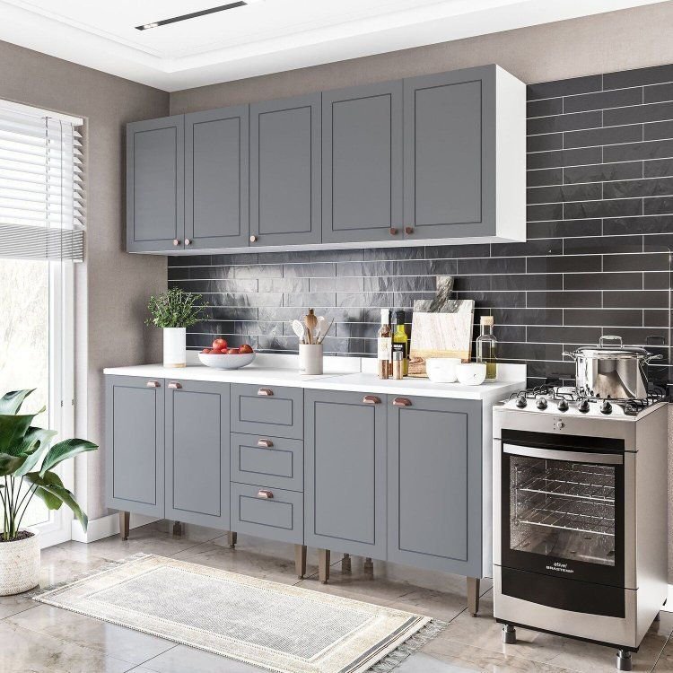 Cozinha Pérola com Tampo 4 Peças Aéreos com 5 Portas, Balcões Yescasa Cinza/Branco Cinza/Branco