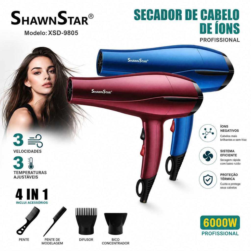Secador de Cabelo Profissional ShawnsStar XSD-9805 6000W Íons 3 Velocidades 3 Temperaturas + 4 Acessórios(110v)