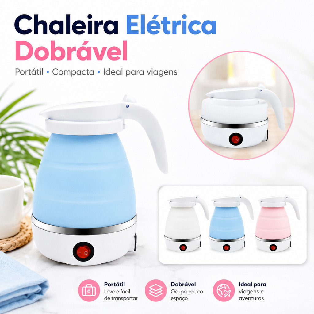 Jarra Chaleira Eletrica Retrátil 600ml 110v  Silicone Esquentar Leite Café Chá Viagem