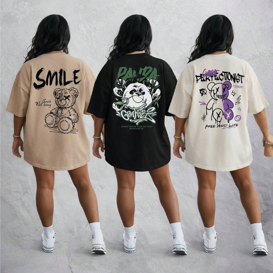 KIT 3 CAMISETA Feminina Algodão Plus Size  Blusa Estilosa Estampado Urso Academia
